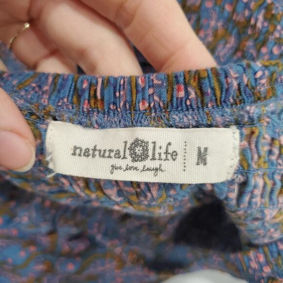 Natural Life Dress Womens Medium Blue Boho Floral Smocked Maxi Peasant Rayon - Picture 4 of 8